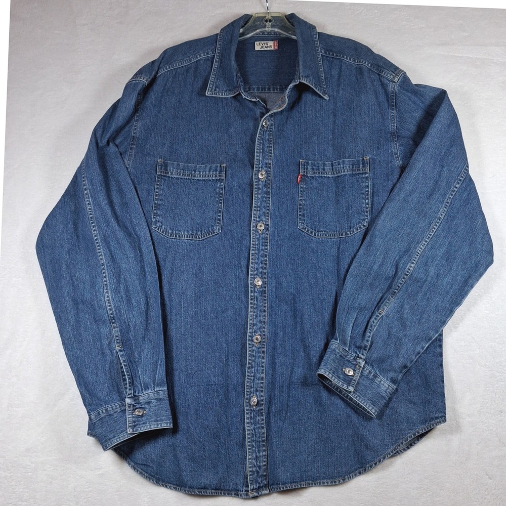 Levis Jeans Mens Denim Button Down Shirt Medium Wash Long Sleeve XL 25.5x32